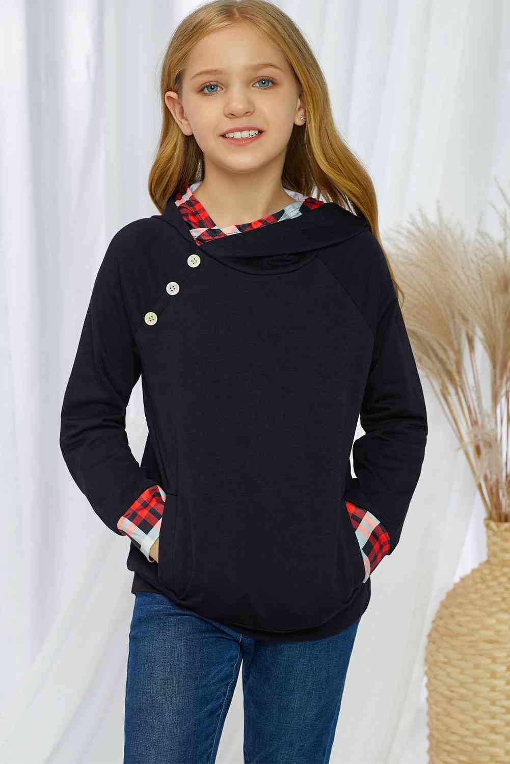 Girls Plaid Decorative Button Hoodie with Pockets