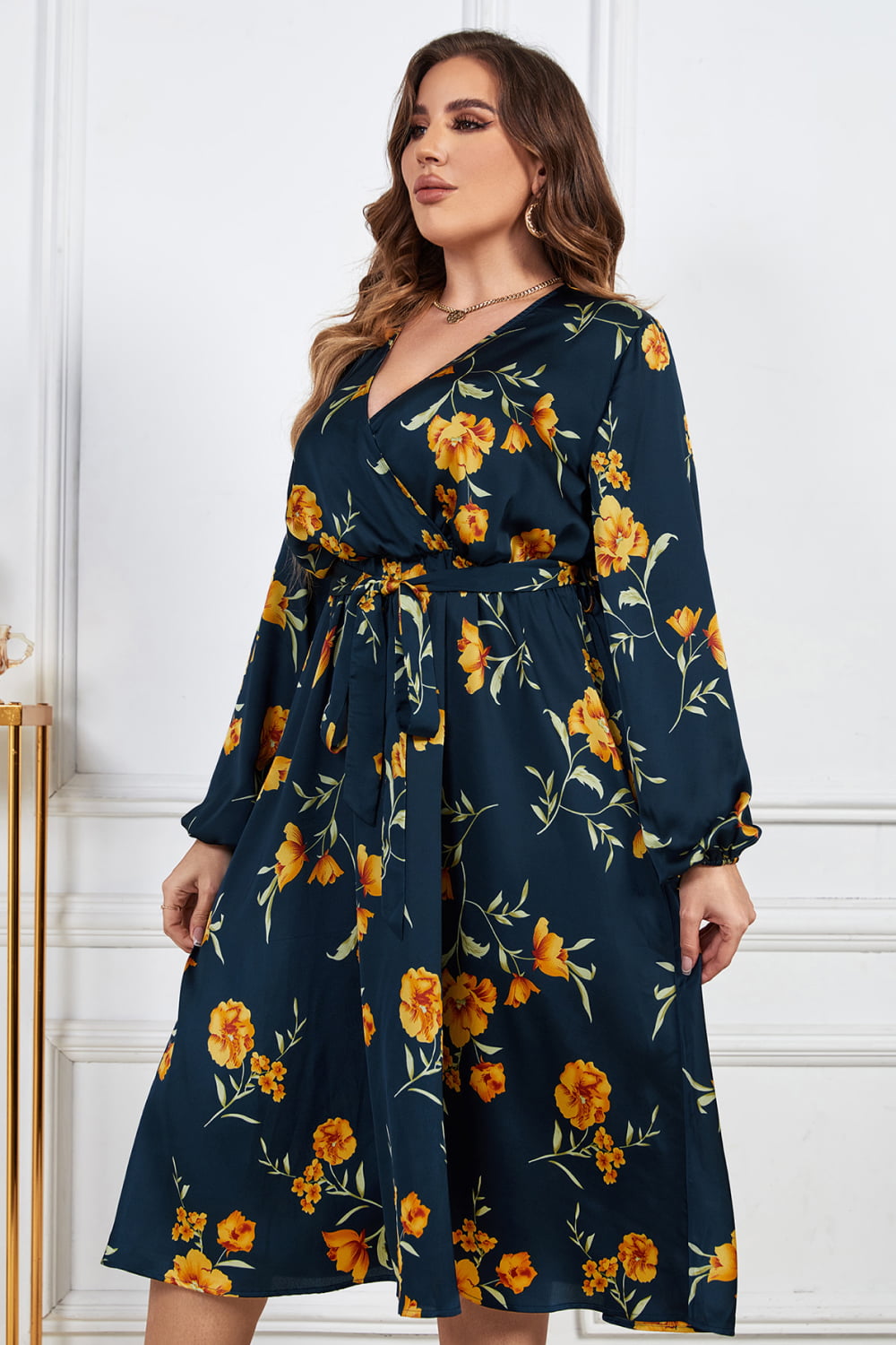 Plus Size Floral Print Surplice Neck Midi Dress