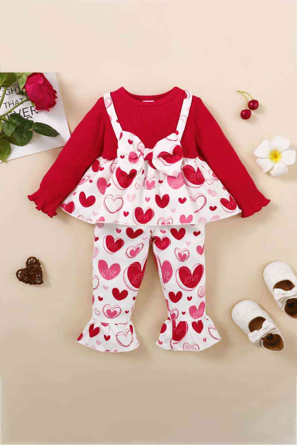 Girls Heart Print Bow Detail Sweater and Flare Pants Set