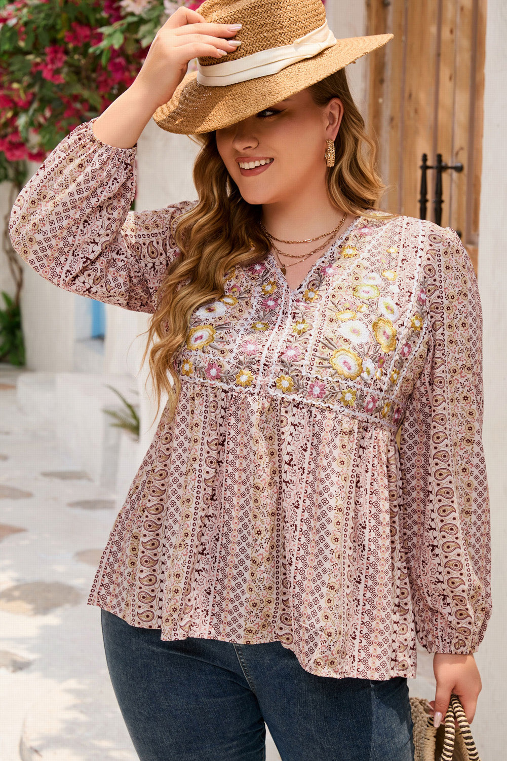 Plus Size V-Neck Prined Long Sleeve Blouse