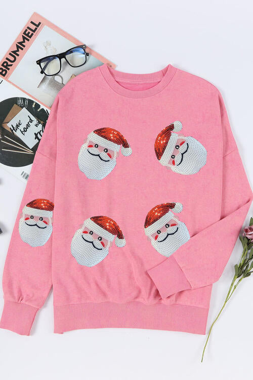 Sequin Santa Round Neck Slit Sweatshirt