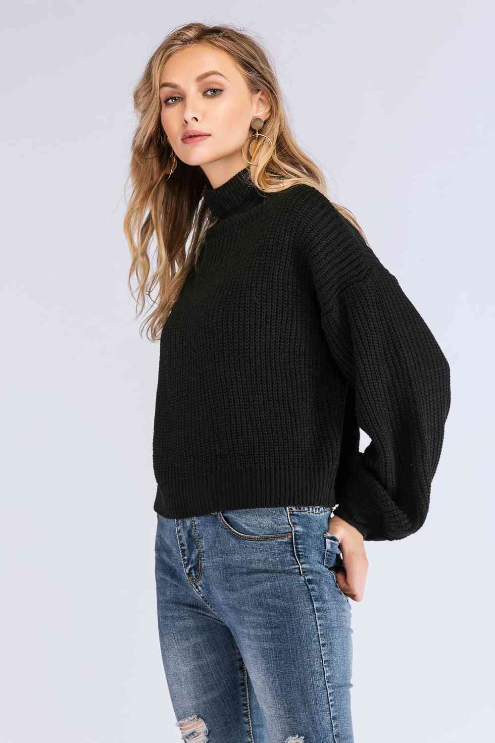 Double Take Turtleneck Rib-Knit Dropped Shoulder Sweater