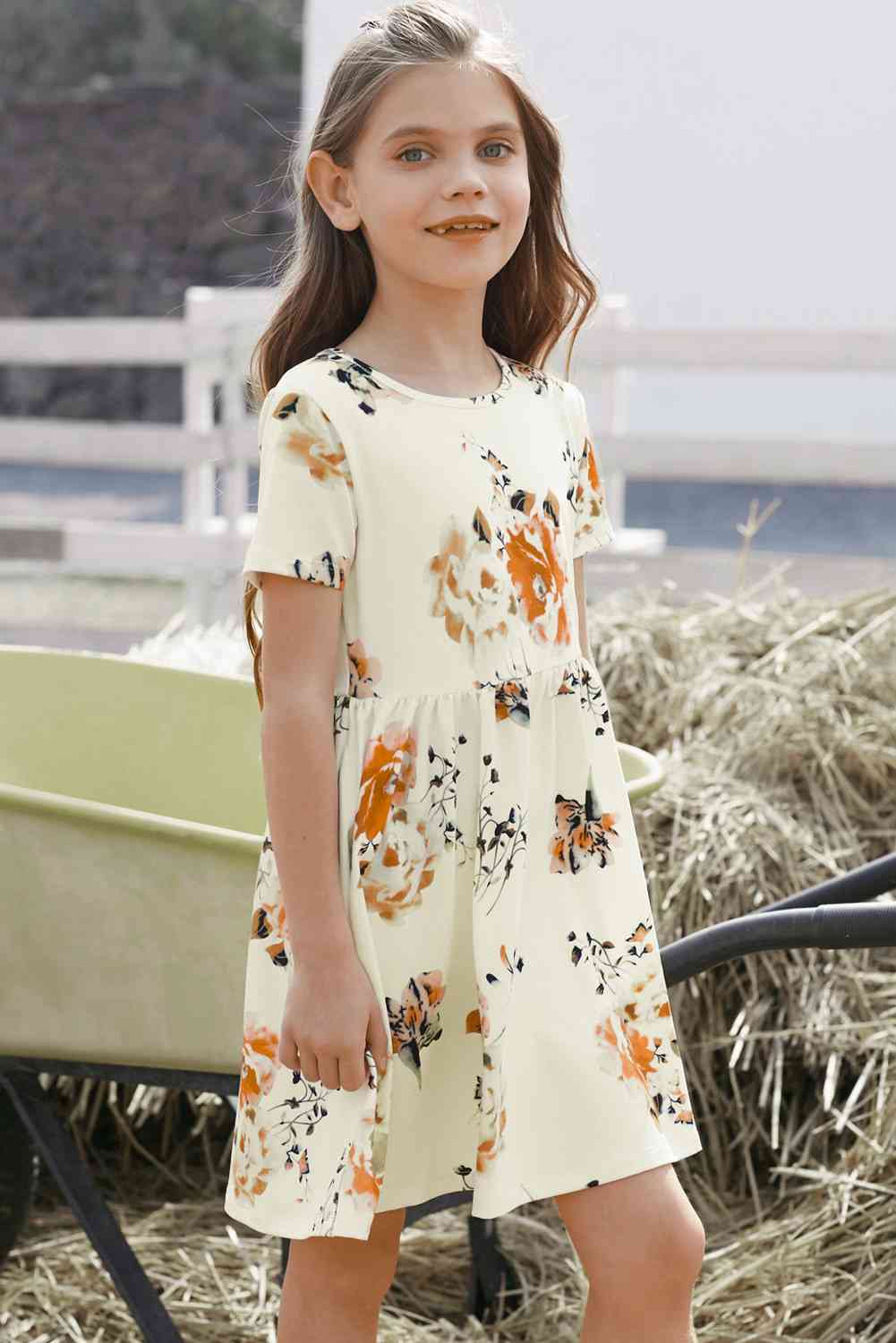 Girls Floral Short Sleeve Round Neck Dress