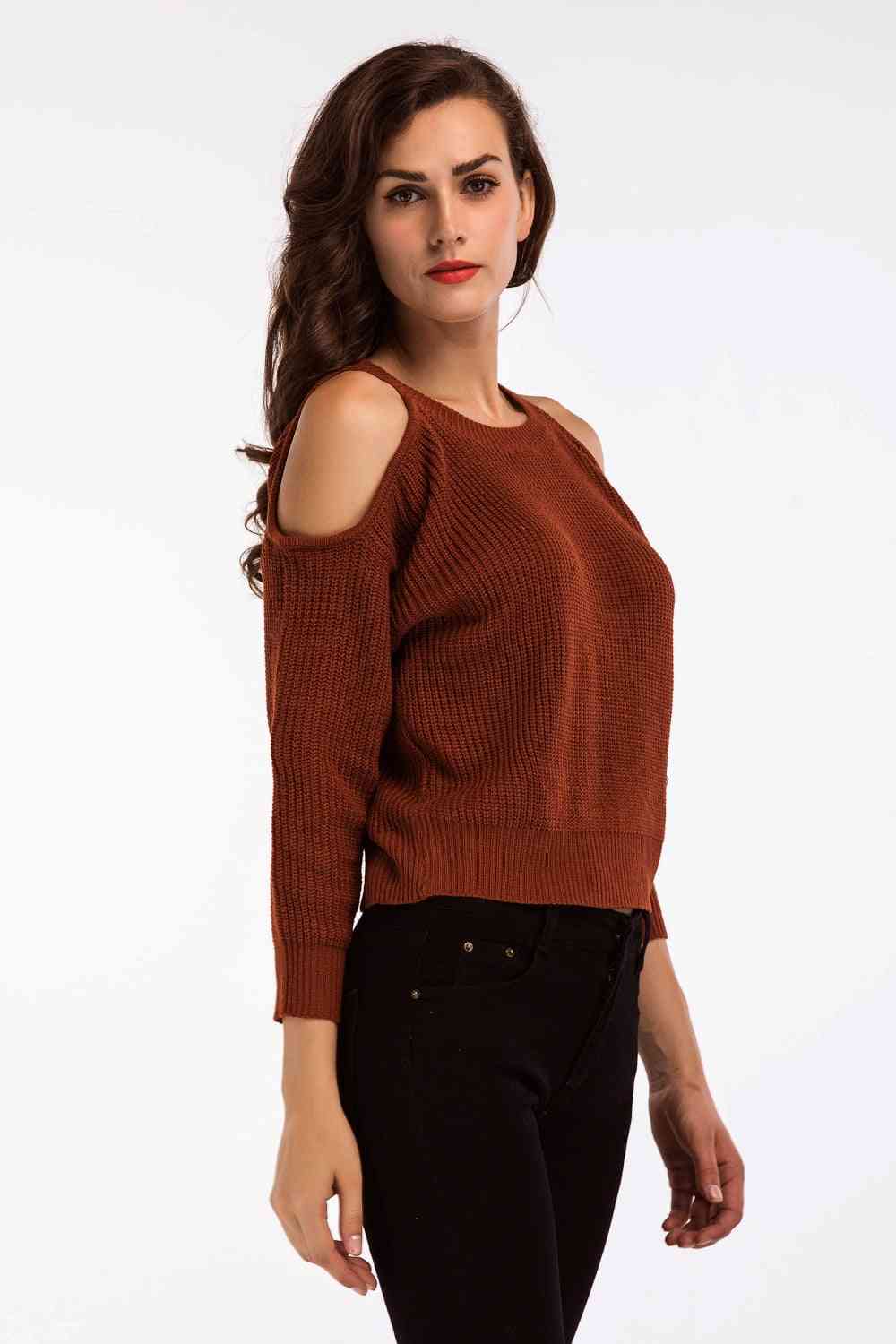 Double Take Round Neck Cold-Shoulder Ribbed Sweater