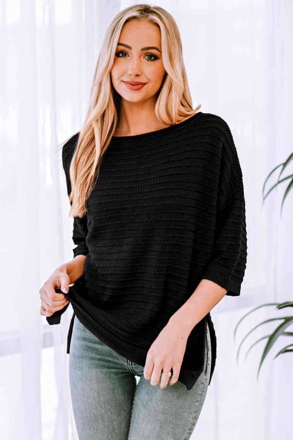 Round Neck Dropped Shoulder Side Slit Pullover Sweater