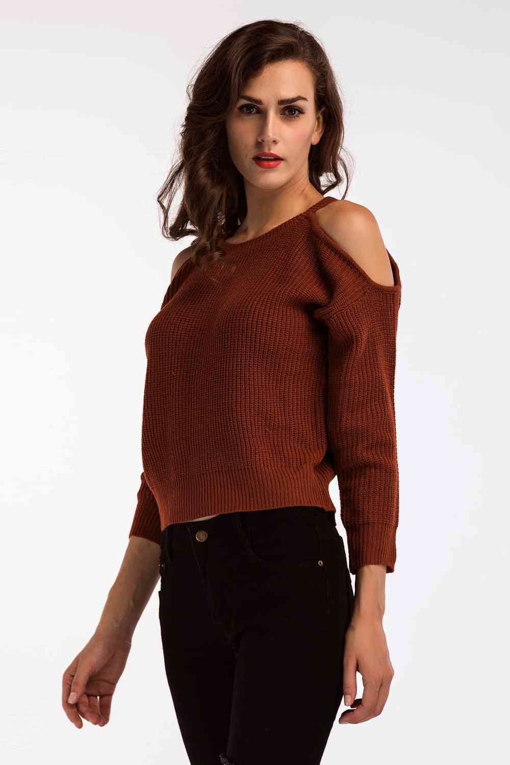 Double Take Round Neck Cold-Shoulder Ribbed Sweater