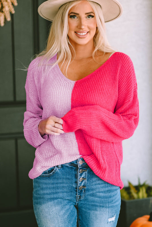 Contrast Color V-Neck Long Sleeve Pullover Sweater