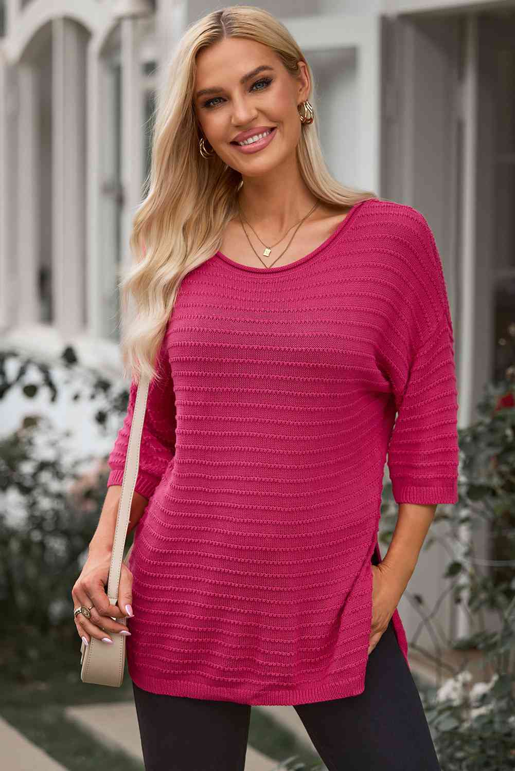 Round Neck Dropped Shoulder Side Slit Pullover Sweater