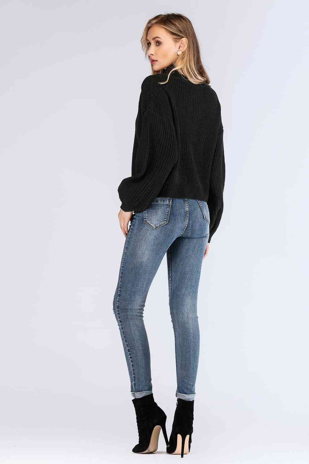 Double Take Turtleneck Rib-Knit Dropped Shoulder Sweater