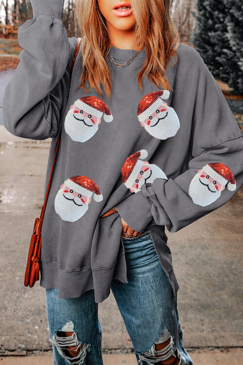 Sequin Santa Round Neck Slit Sweatshirt