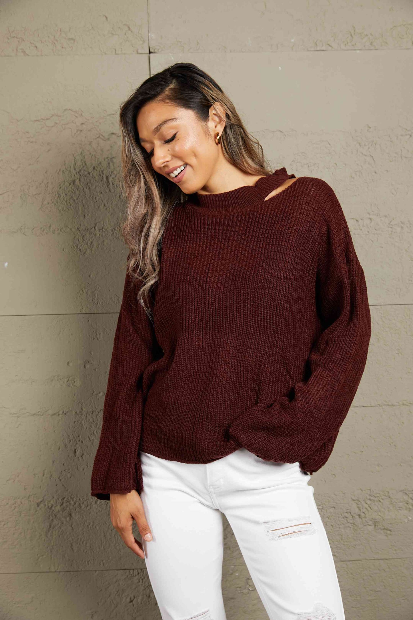 Woven Right Round Neck Cutout Dropped Shoulder Sweater