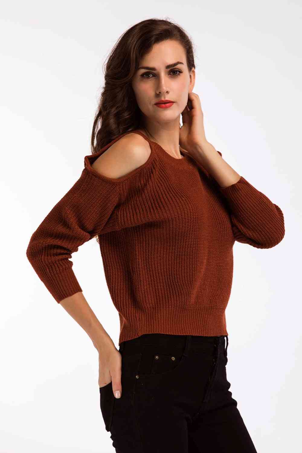 Double Take Round Neck Cold-Shoulder Ribbed Sweater