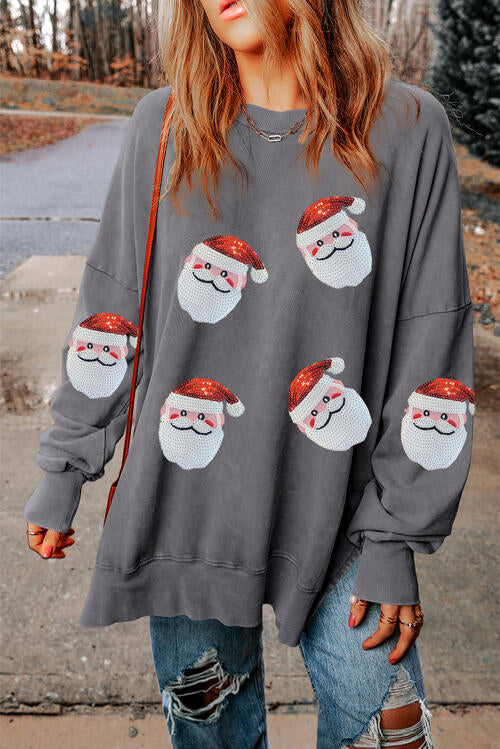 Sequin Santa Round Neck Slit Sweatshirt