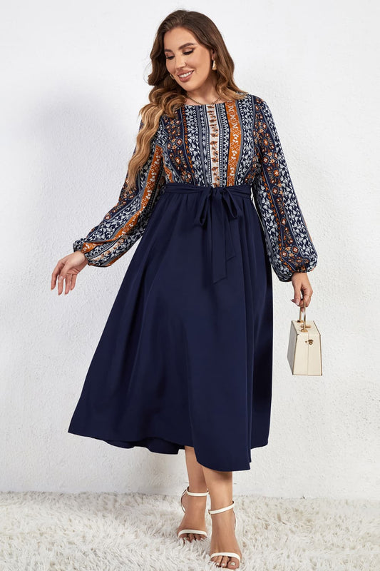 Plus Size Printed Tie Belt Boat Neck Midi Dress