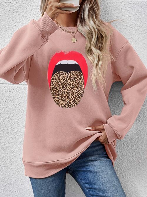 Leopard Lip Graphic Round Neck Sweatshirt