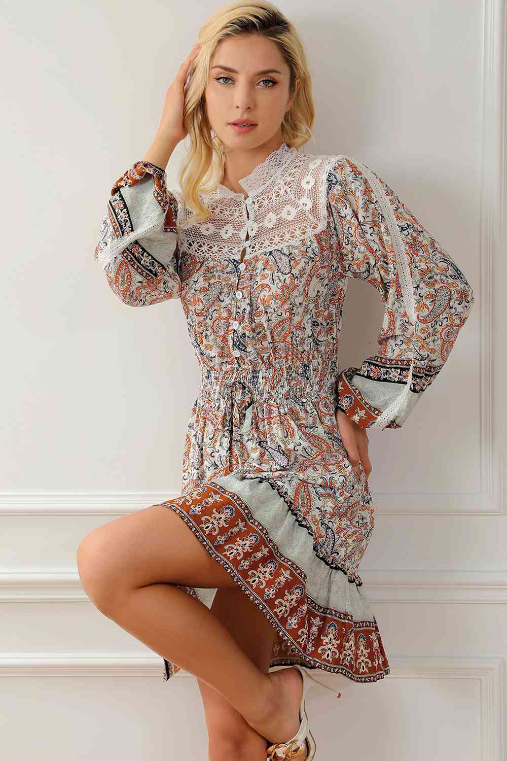 Printed Lace Detail Balloon Sleeve Dress