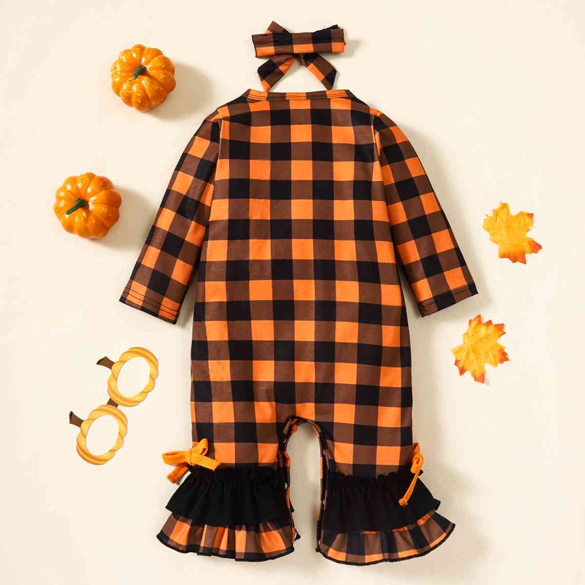 Plaid Ghost Graphic Round Neck Long Sleeve Jumpsuit