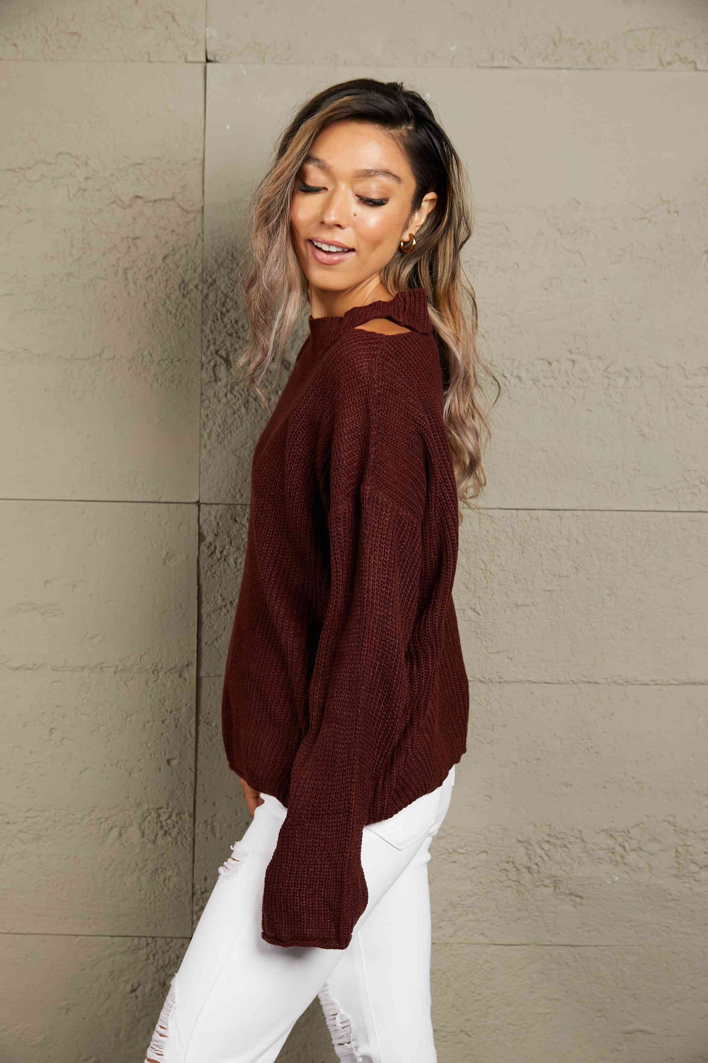 Woven Right Round Neck Cutout Dropped Shoulder Sweater