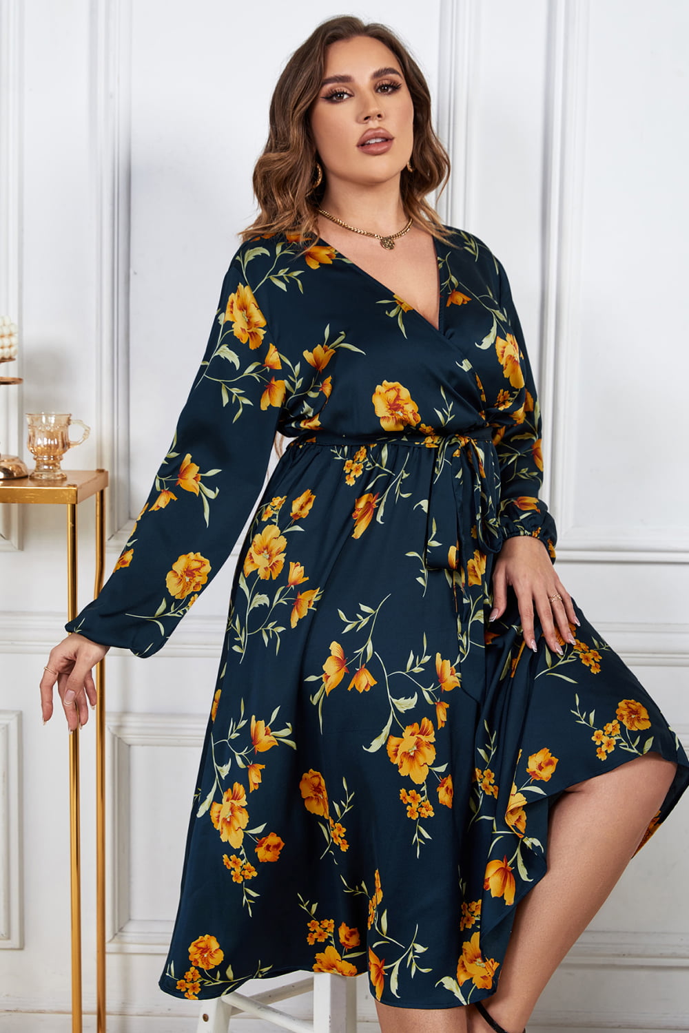 Plus Size Floral Print Surplice Neck Midi Dress