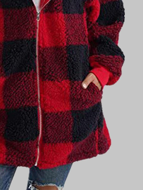 Plaid Zip-Up Hooded Jacket with Pockets