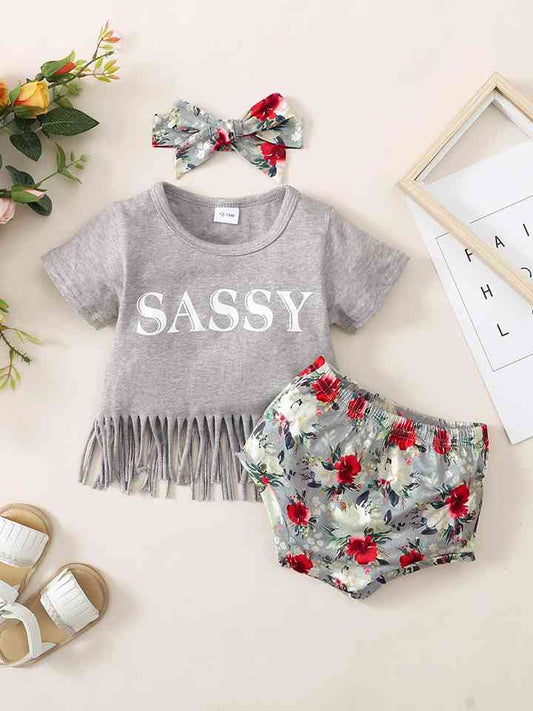 Fringe Detail SASSY Graphic T-Shirt and Floral Print Shorts Set